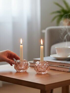 2 Vintage Beacon Hill Pink Irridescent Small Round Taper Candle Holders